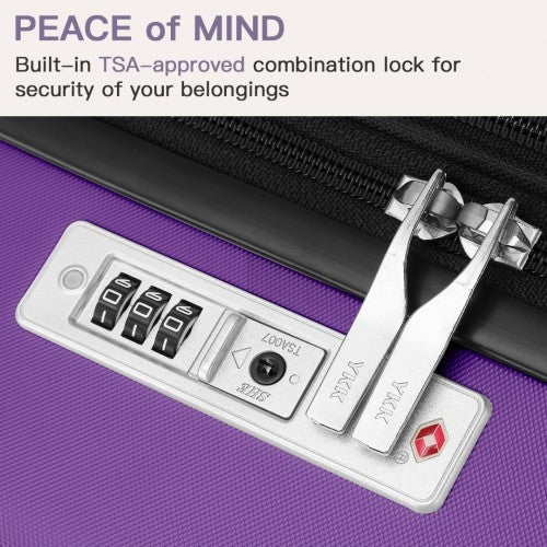 Close-up of TSA-approved combination lock on purple hard shell suitcase with YKK zipper track