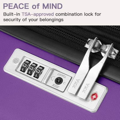 Close-up of TSA-approved combination lock on purple hard shell suitcase with YKK zipper track