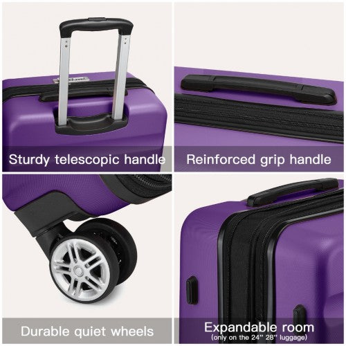 Four-quadrant view of purple expandable suitcase highlighting handle, carry grip, wheels, and zipper expansion feature