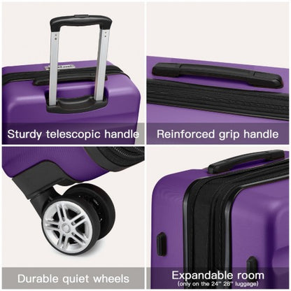 Four-quadrant view of purple expandable suitcase highlighting handle, carry grip, wheels, and zipper expansion feature
