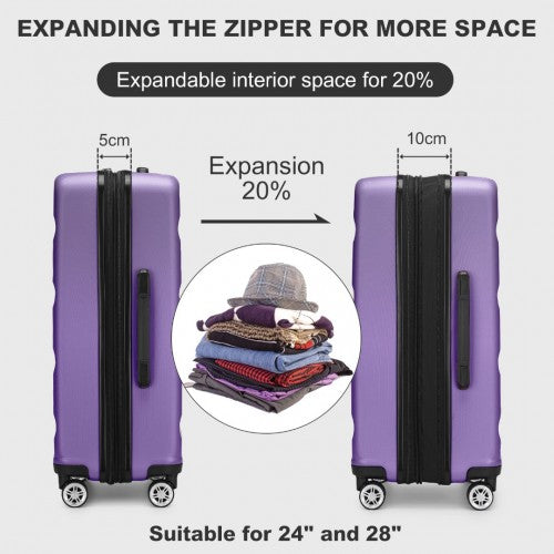 Side-by-side comparison of purple suitcase in compact and expanded states showing 20% extra space