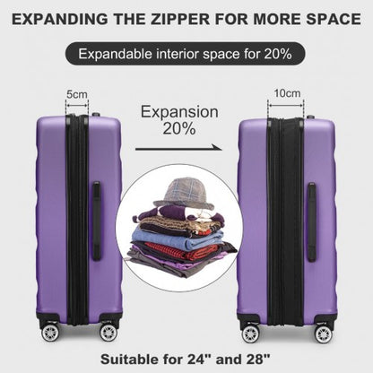 Side-by-side comparison of purple suitcase in compact and expanded states showing 20% extra space
