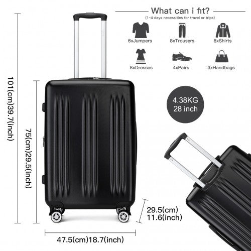 KSK2483 - Kono 28 Inch Sleek Striped Check-In Suitcase Expandable Durable ABS+PC Luggage with Four Spinner Wheels TSA Lock - Black