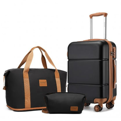 KSK2485+EA2212 - Kono 20 Inch Premium ABS Cabin Carry-On Suitcase Set With Weekend Bag And Toiletry Bag - Black And Brown