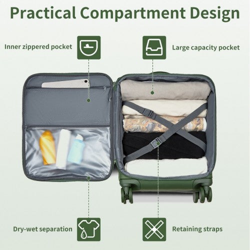 KSK2491 - Kono 20 Inch Lightweight Soft Shell Carry On Cabin Size Suitcase with TSA Lock and Separate Wet/Dry Compartment - Green