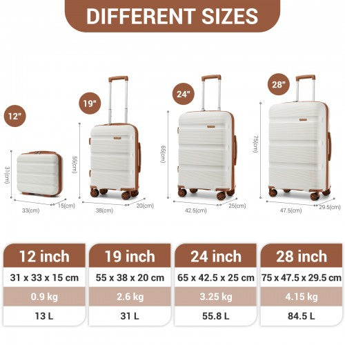 KSK2492 - Kono 4-Piece PP Hardshell Luggage Set–Durable Travel Suitcases with TSA Lock, 360° Spinner Wheels with Vanity Case - Cream and Brown