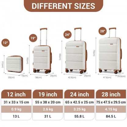 KSK2492 - Kono 4-Piece PP Hardshell Luggage Set–Durable Travel Suitcases with TSA Lock, 360° Spinner Wheels with Vanity Case - Cream and Brown