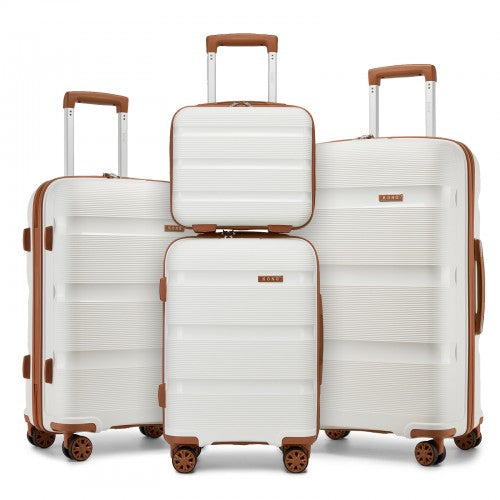 KSK2492 - Kono 4-Piece PP Hardshell Luggage Set–Durable Travel Suitcases with TSA Lock, 360° Spinner Wheels with Vanity Case - Cream and Brown