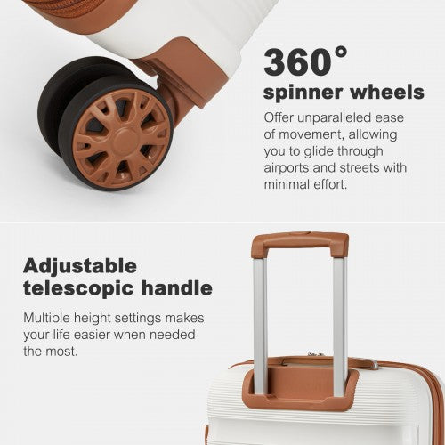 KSK2492 - Kono 4-Piece PP Hardshell Luggage Set–Durable Travel Suitcases with TSA Lock, 360° Spinner Wheels with Vanity Case - Cream and Brown