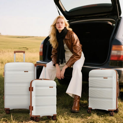 KSK2492 - Kono 4-Piece PP Hardshell Luggage Set–Durable Travel Suitcases with TSA Lock, 360° Spinner Wheels with Vanity Case - Cream and Brown