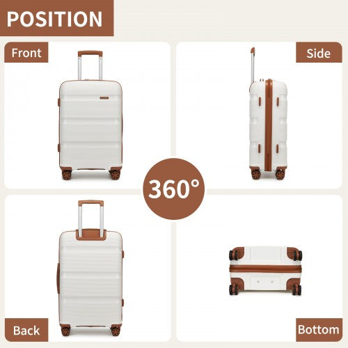 KSK2492 - Kono 4-Piece PP Hardshell Luggage Set–Durable Travel Suitcases with TSA Lock, 360° Spinner Wheels with Vanity Case - Cream and Brown