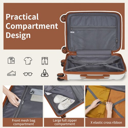 KSK2492 - Kono 4-Piece PP Hardshell Luggage Set–Durable Travel Suitcases with TSA Lock, 360° Spinner Wheels with Vanity Case - Cream and Brown