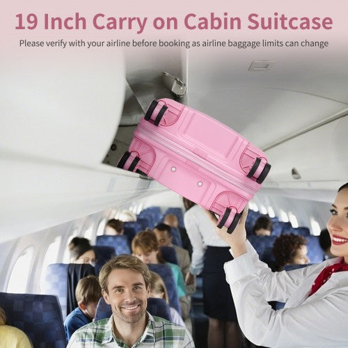 Pink 19-inch cabin suitcase being placed in airplane overhead bin highlighting rubberized corner protectors and dual-wheel design