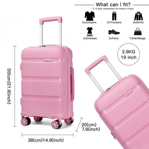 Pink Kono 19-inch PP hardshell carry-on with ribbed texture, extended silver handle, and 360° silent spinner wheels