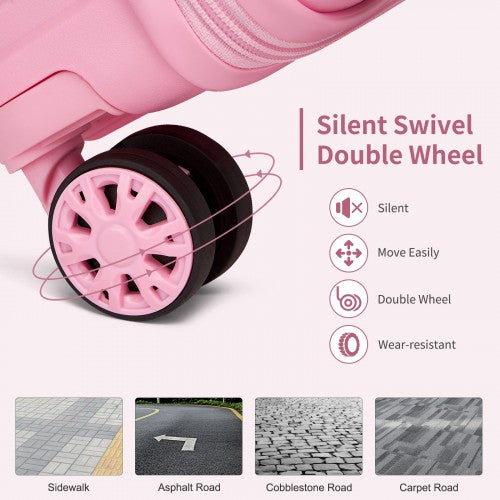 Close-up of pink double-wheel spinner system with black rubber treads designed for silent movement on sidewalks and carpets