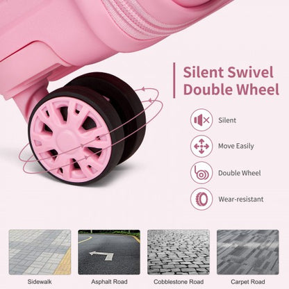 Close-up of pink double-wheel spinner system with black rubber treads designed for silent movement on sidewalks and carpets