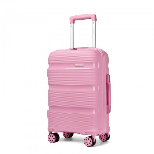 Three-quarter view of pink 19-inch suitcase with ribbed exterior, side handle, brand plate, and pink-rimmed spinner casters