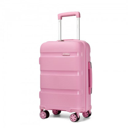 Three-quarter view of pink 19-inch suitcase with ribbed exterior, side handle, brand plate, and pink-rimmed spinner casters