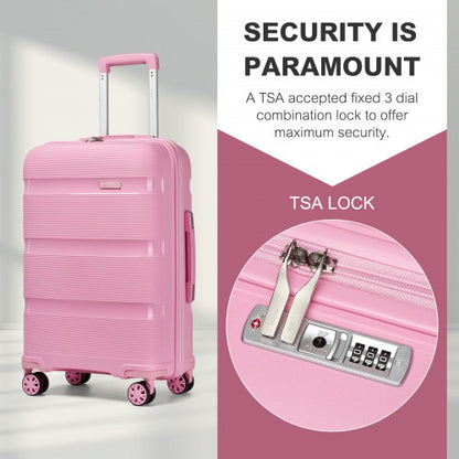 Pink hardshell carry-on featuring TSA-approved 3-dial combination lock mechanism and security-focused design details