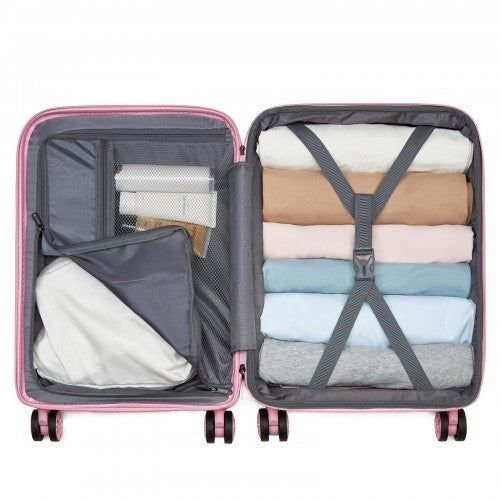 Open pink carry-on interior with gray mesh pockets, compression straps, and neatly packed clothes demonstrating space efficiency