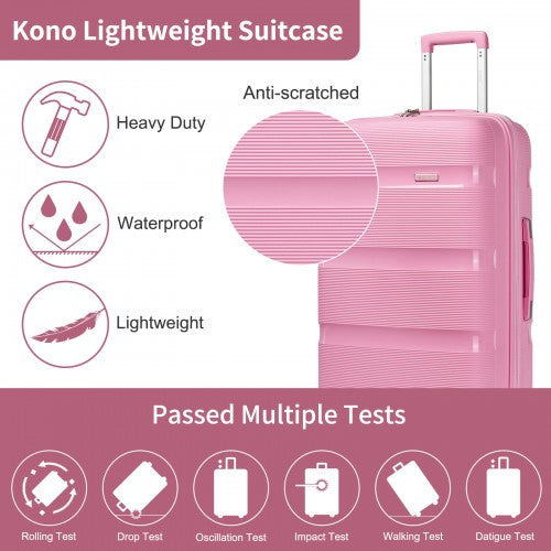 KSK2492 - Kono 4-Piece PP Hardshell Luggage Set–Durable Travel Suitcases with TSA Lock, 360° Spinner Wheels with Vanity Case - Pink