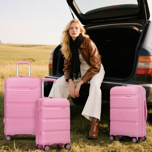 KSK2492 - Kono 4-Piece PP Hardshell Luggage Set–Durable Travel Suitcases with TSA Lock, 360° Spinner Wheels with Vanity Case - Pink