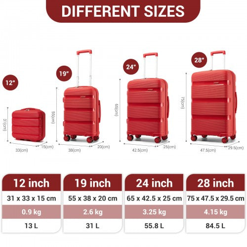 KSK2492 - Kono 4-Piece PP Hardshell Luggage Set–Durable Travel Suitcases with TSA Lock, 360° Spinner Wheels with Vanity Case - Red