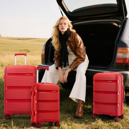 KSK2492 - Kono 4-Piece PP Hardshell Luggage Set–Durable Travel Suitcases with TSA Lock, 360° Spinner Wheels with Vanity Case - Red
