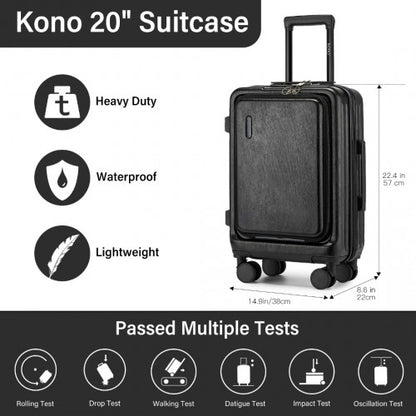 KSK2493 - Kono Durable ABS+PC 20 inch Carry-On Hardshell Suitcase with TSA Lock & Front Laptop Compartment - Black