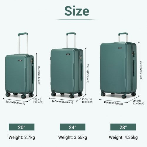 KSK2494 - Kono 3-Piece Minimalist Hard Shell ABS+PC Luggage Set with TSA Lock and 360° Spinner Wheels - Military Green