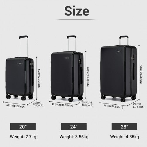 KSK2494 - Kono 3-Piece Minimalist Hard Shell ABS+PC Luggage Set with TSA Lock and 360° Spinner Wheels - Black