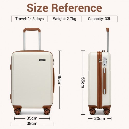 KSK2494 - Kono 20 Inch Cabin Size Minimalist Hard Shell ABS+PC Carry-On Suitcase with TSA Lock 360° Spinner Wheels - Cream And Brown