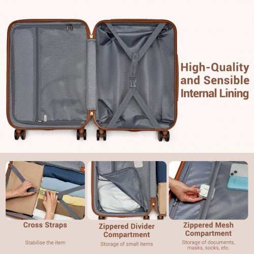 KSK2494 - Kono 20 Inch Cabin Size Minimalist Hard Shell ABS+PC Carry-On Suitcase with TSA Lock 360° Spinner Wheels - Cream And Brown