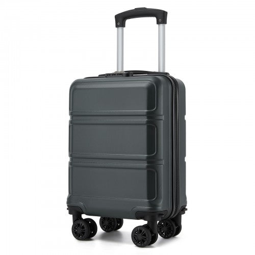 Front view of grey 15-inch cabin suitcase with extended handle and ribbed shell design