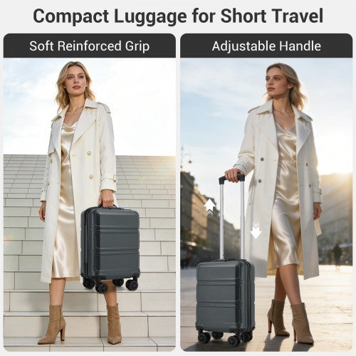 Woman pulling grey hard-shell cabin suitcase with extended telescopic handle