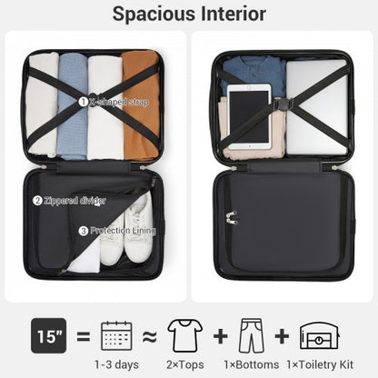 Organized grey cabin suitcase interior with laptop compartment and compression straps