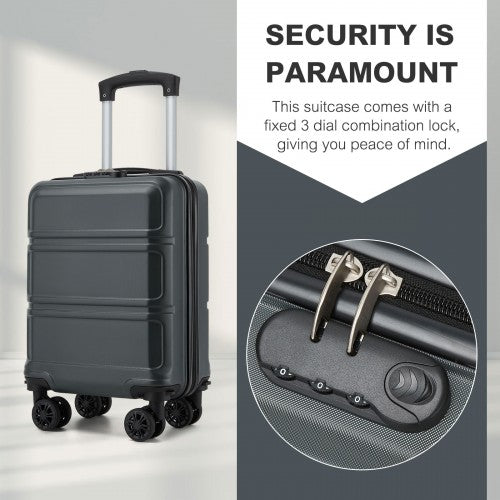 Grey hard-shell suitcase featuring close-up of 3-dial combination lock security system