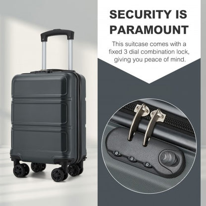 Grey hard-shell suitcase featuring close-up of 3-dial combination lock security system