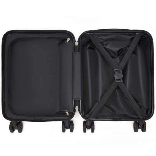 Open grey ABS+PC cabin suitcase interior with X-shaped straps and zippered pocket
