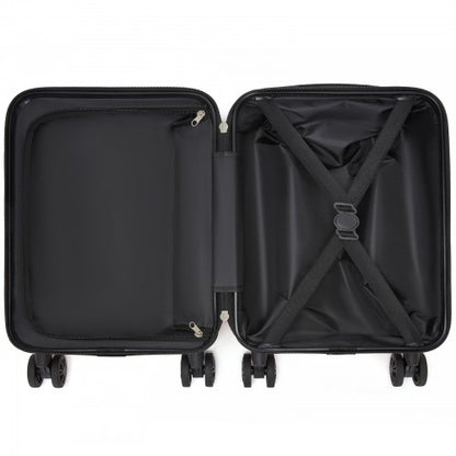 Open grey ABS+PC cabin suitcase interior with X-shaped straps and zippered pocket