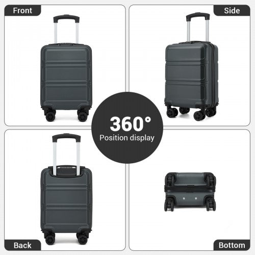 360-degree view of matte grey 15-inch hard-shell suitcase showing all angles