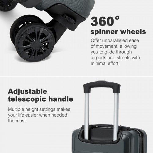 Close-up of black 360° spinner wheels and ergonomic silver telescopic handle on grey suitcase