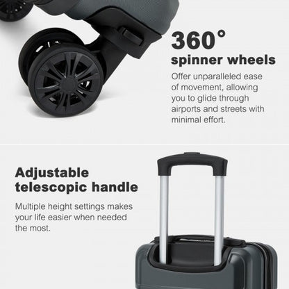 Close-up of black 360° spinner wheels and ergonomic silver telescopic handle on grey suitcase