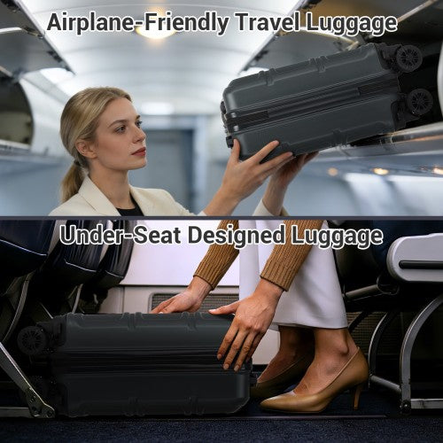 Grey 15-inch cabin suitcase fitting in airplane overhead bin and under-seat storage