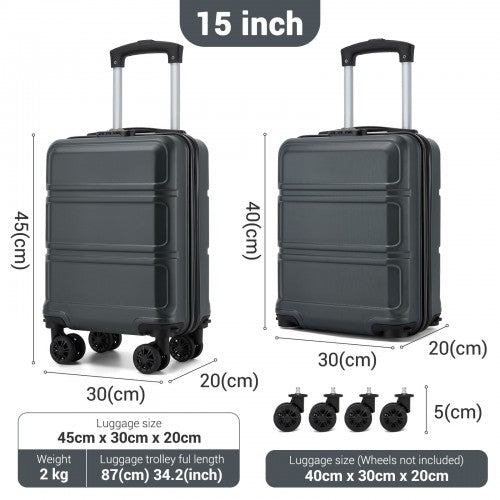 Technical diagram of grey 15-inch cabin luggage dimensions and weight specifications