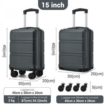 Technical diagram of grey 15-inch cabin luggage dimensions and weight specifications