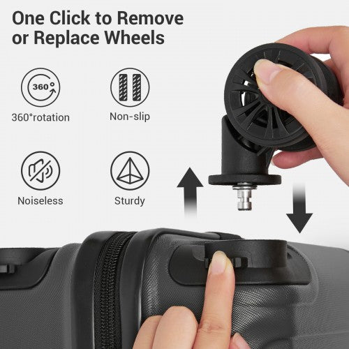 One-click wheel removal mechanism detail on grey hard-shell suitcase corner