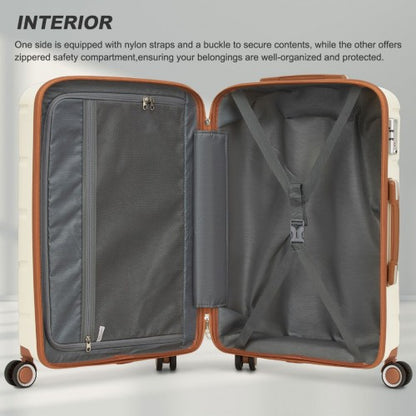 KSK2591 - Kono 20/24/28 inch PP Modern Scratch-Resistant Suitcase Set with TSA Lock & Stylish Brown Accents - Cream and Brown