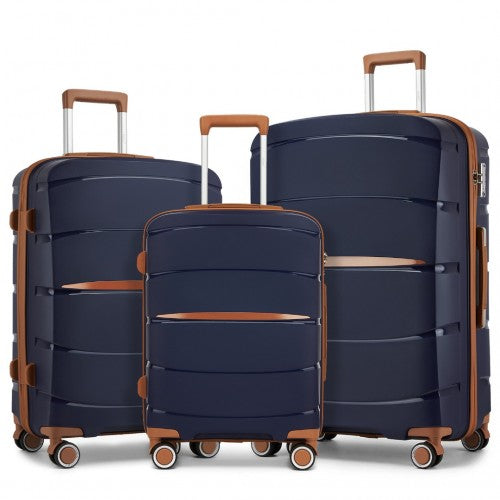 KSK2591 - Kono 20/24/28 inch PP Modern Scratch-Resistant Suitcase Set with TSA Lock & Stylish Brown Accents - Navy and Brown
