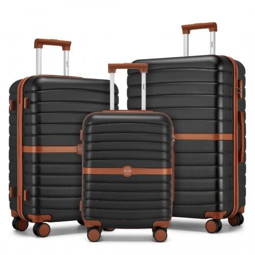 KSK2592 - Kono PC Striped Design with Colour-Block Details 3-Piece Hardshell Luggage Set with Spinner Wheels - Black and Brown